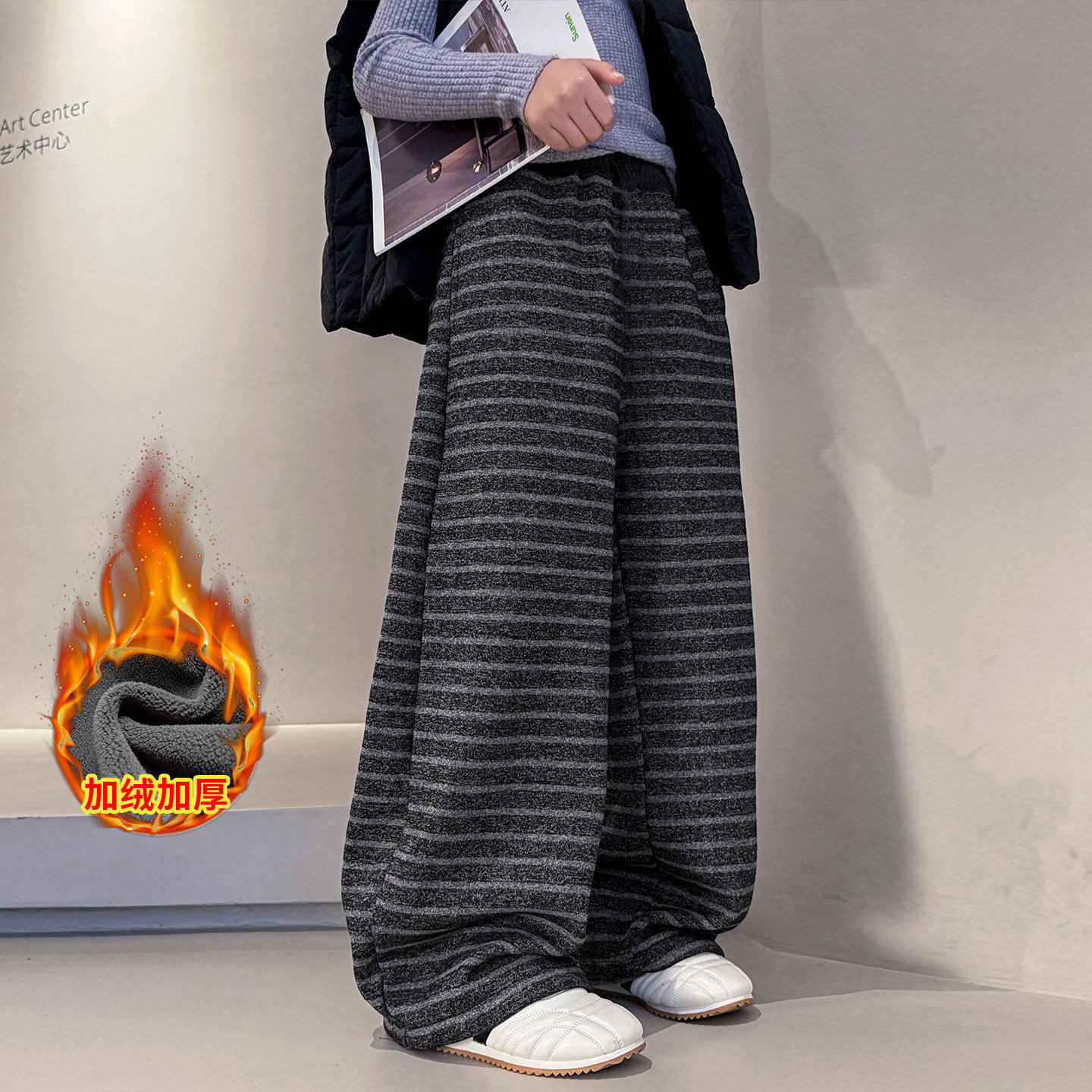 波拉童装男童裤子冬款2025休闲冬装儿童男孩加绒加厚条纹阔腿裤潮