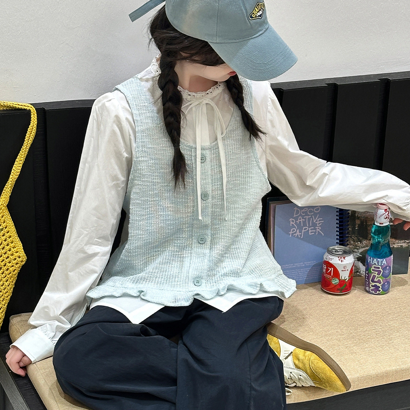 波拉童装女童系带衬衫荷叶边下摆针织马甲休闲裤三件套秋季韩系超