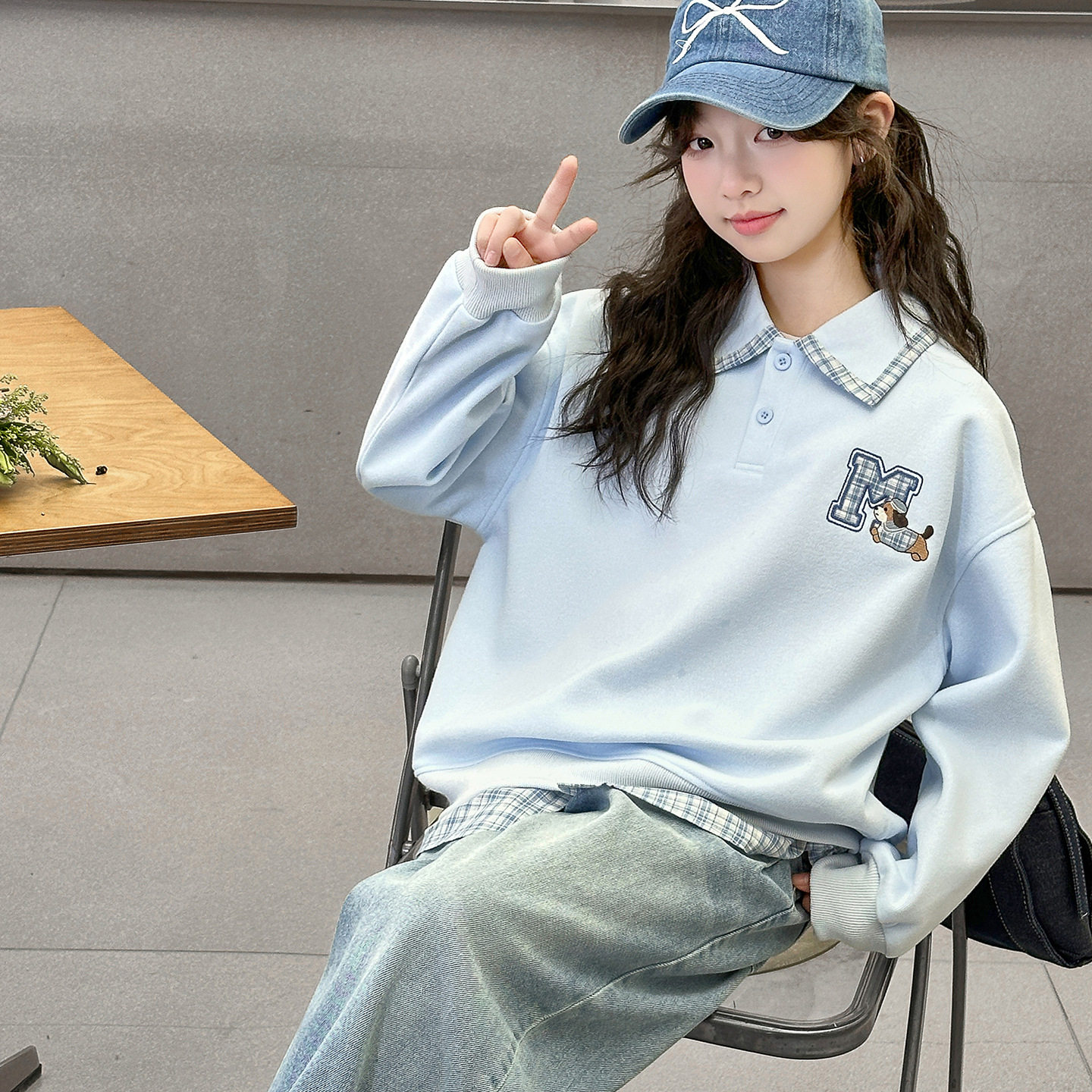 波拉童装2026秋装秋季女童假两件格子拼接卫衣小女孩休闲Polo领上