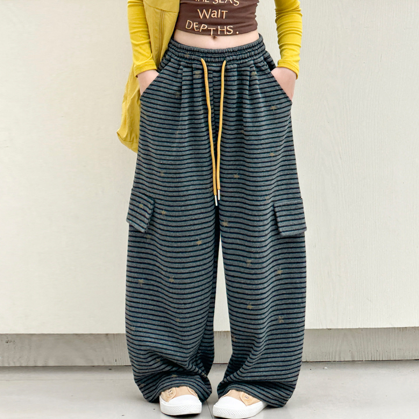 波拉童装女童慵懒风条纹香蕉裤秋款2026秋装大童宽松卫裤休闲裤长