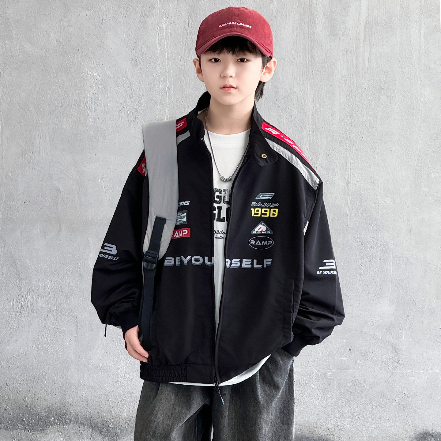 波拉童装男童赛车服夹克美式上衣2026秋装中大童青少年防风儿童外