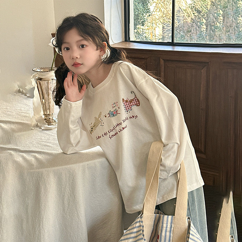 波拉童装韩系女童早秋套装2026秋装大童卡通长袖T恤牛仔阔腿裤两