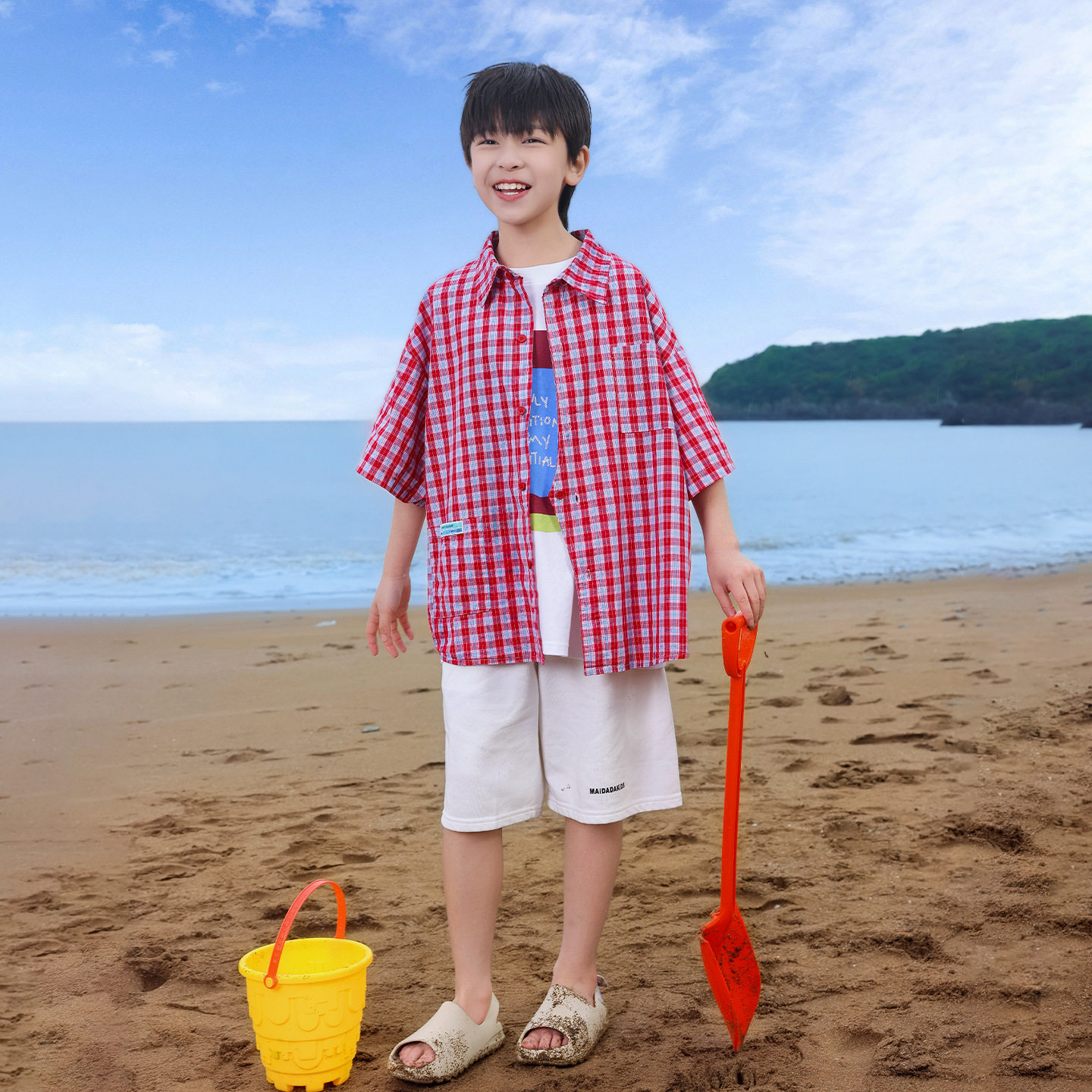 波拉童装男童薄款口袋格纹衬衫2026夏装夏季中大童韩版沙滩风衬衫