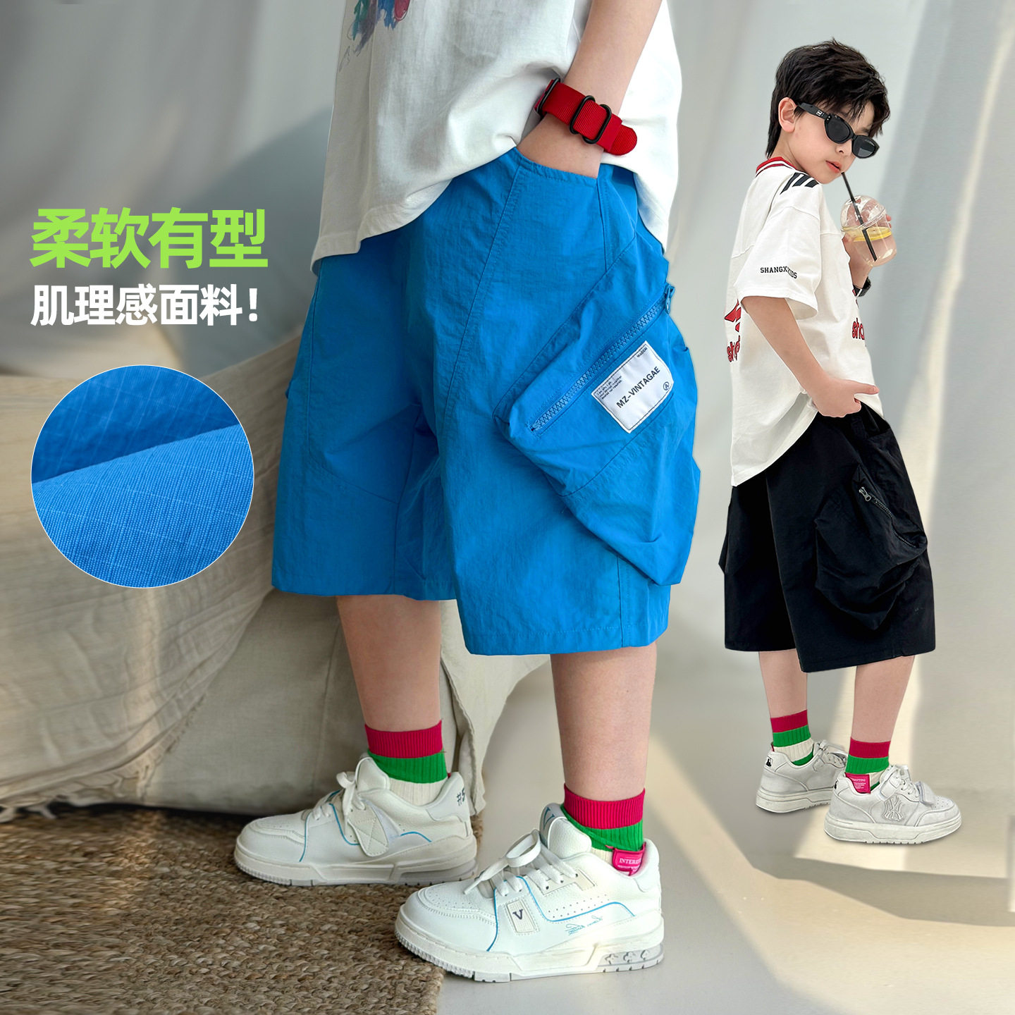 2026夏装波拉童装男童薄款大口袋工装短裤中大童韩版休闲五分裤子