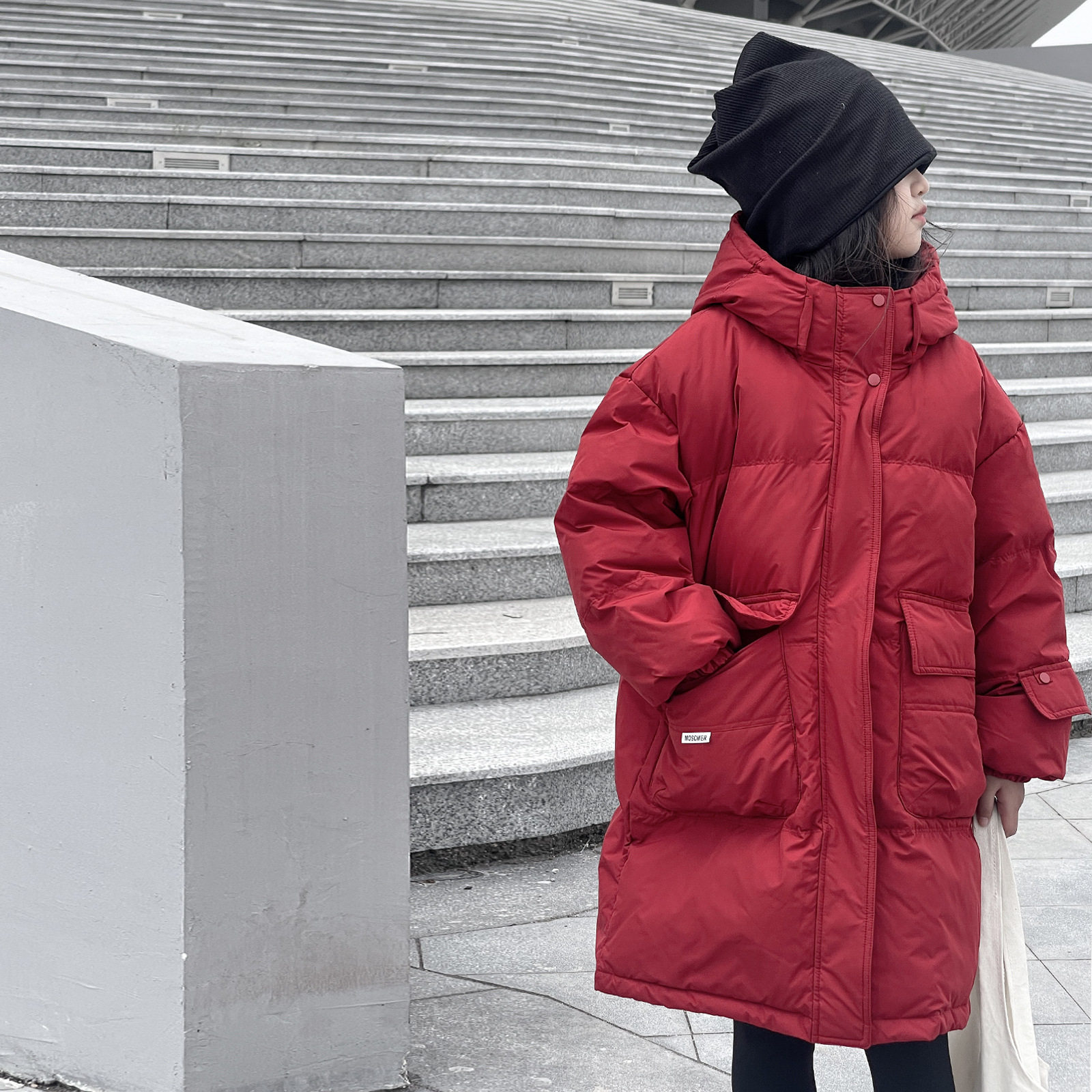 波拉童装新款儿童羽绒服男童女童中长款加厚连帽面包服冬季过膝白