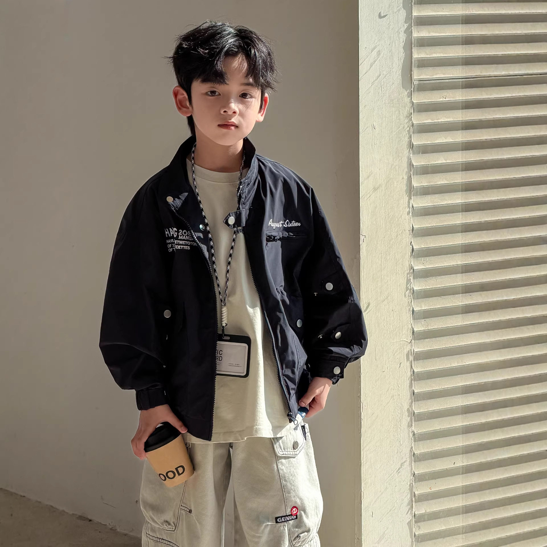 波拉童装男童外套春秋款2026春装大儿童装痞帅炸街工装棒球服春装