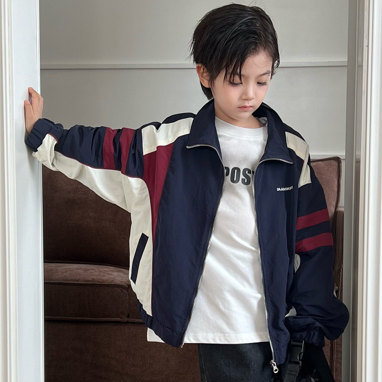 波拉童装2026春装春款童装儿童复古外套 撞色刺绣男女童夹克宝宝