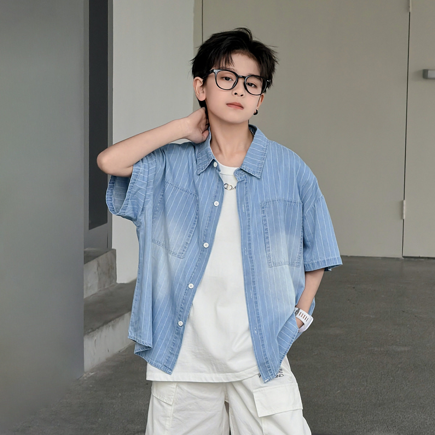 波拉童装男童牛仔短袖衬衫夏装儿童宽松薄款帅气半袖中大童夏季上