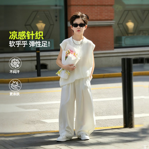 波拉童装男童薄款老钱风凉感针织背心2026夏装夏季中大童速干上衣