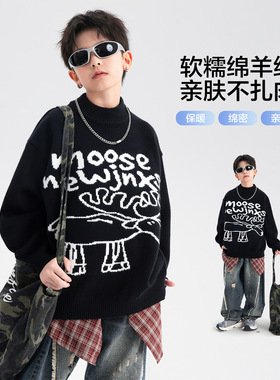 2025冬装波拉童装男女童卡通黑色半高领毛衣加厚中领针织衫线衣