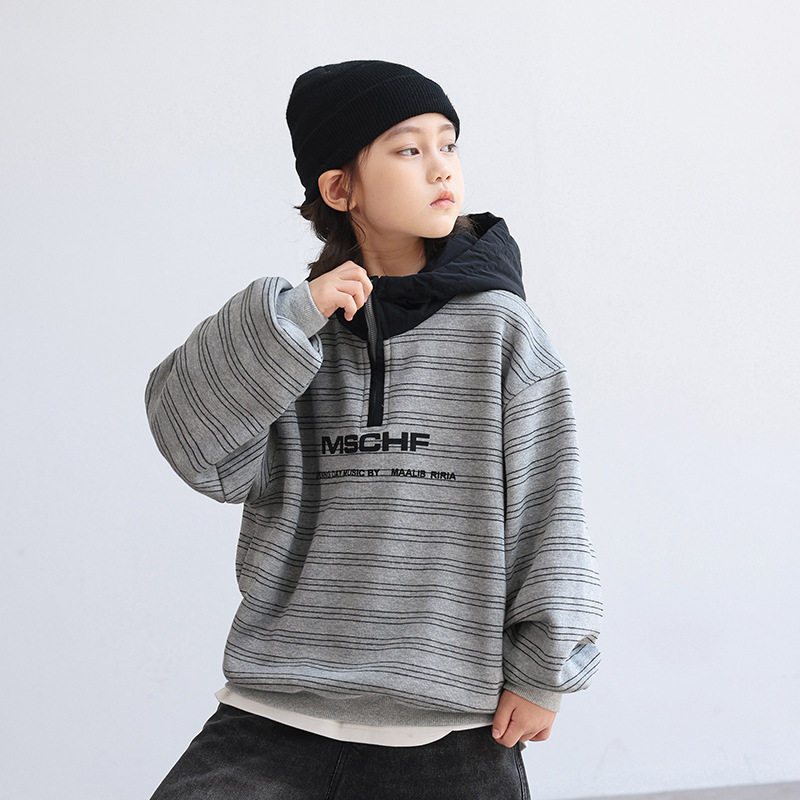 波拉童装2025新款秋冬季条纹拉链连帽加绒卫衣男童冬季中大童时髦