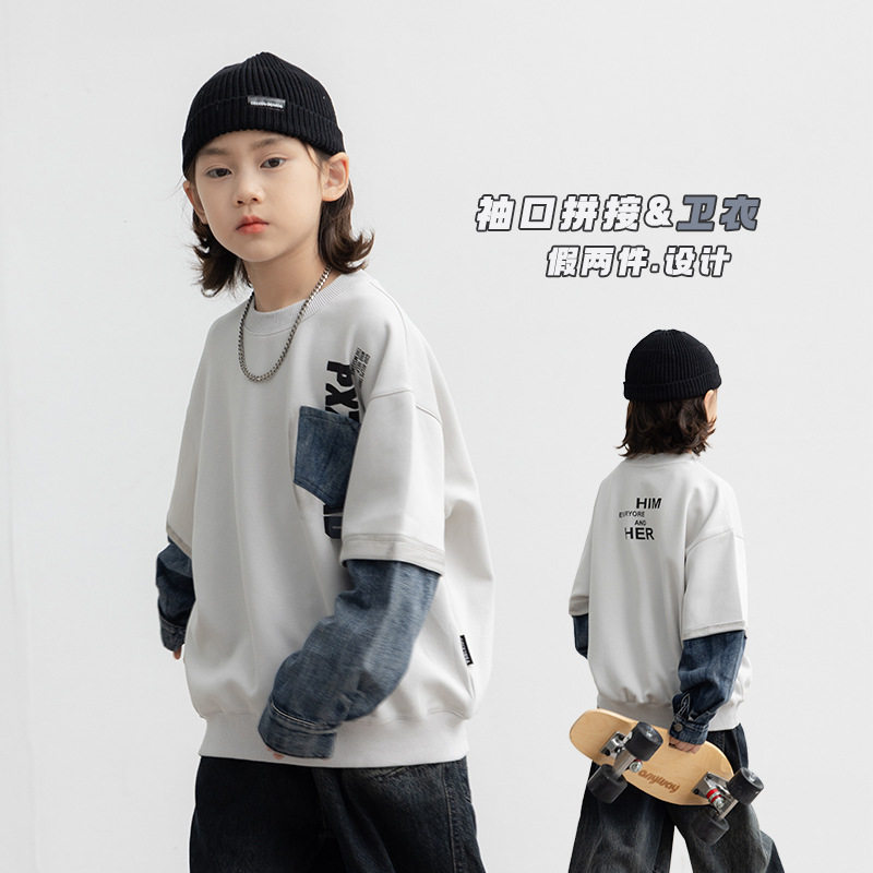 波拉童装男童假两件卫衣春秋款2026春装中大儿童秋季打底衫男孩秋