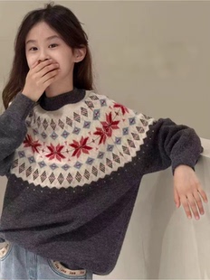 2025冬装波拉童装男女童费尔岛枫叶菱形毛衣圆领保暖毛线衣针织衫