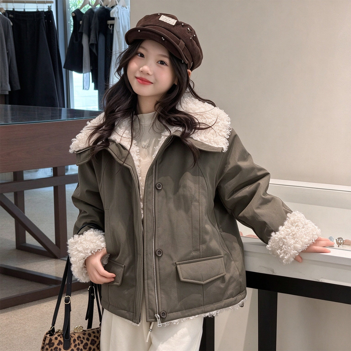 波拉童装女童冬装外套2026冬装加绒加厚翻领派克服儿童宝宝工装棉