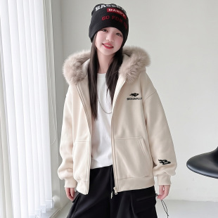 波拉童装女童韩系毛领连帽外套秋冬女大童加绒加厚慵懒风开衫卫衣
