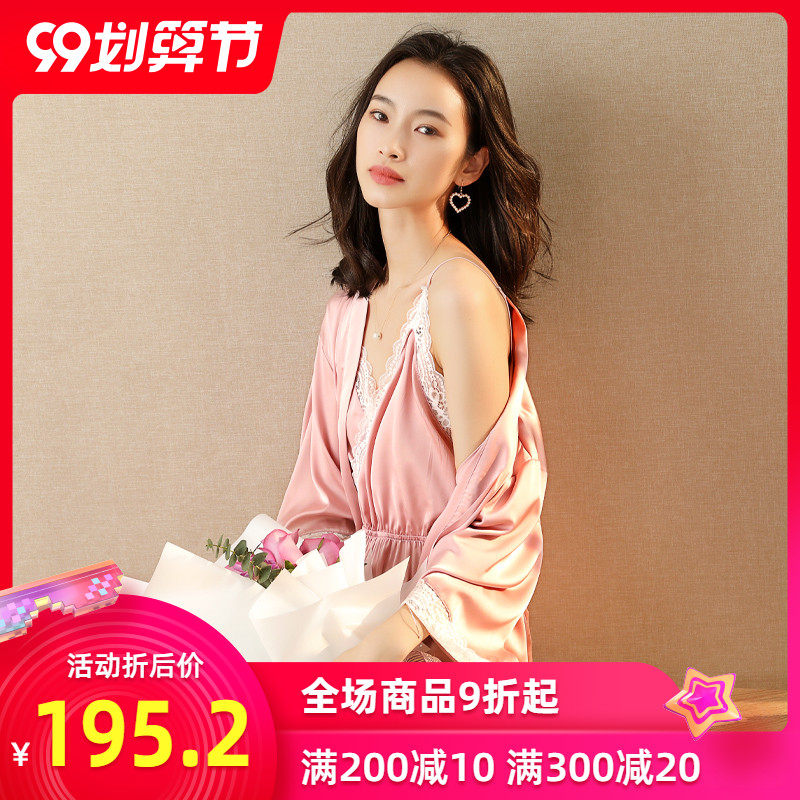 leomuna睡衣女丝绸唯美蕾丝连体吊带睡袍女士家居服两件套