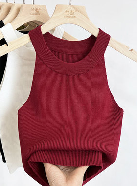 红色冰丝挂脖背心女夏设计感遮副乳辣妹高级感蓝色无袖性感小吊带