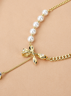 锆石珍珠拼接女优雅毛衣链甜美