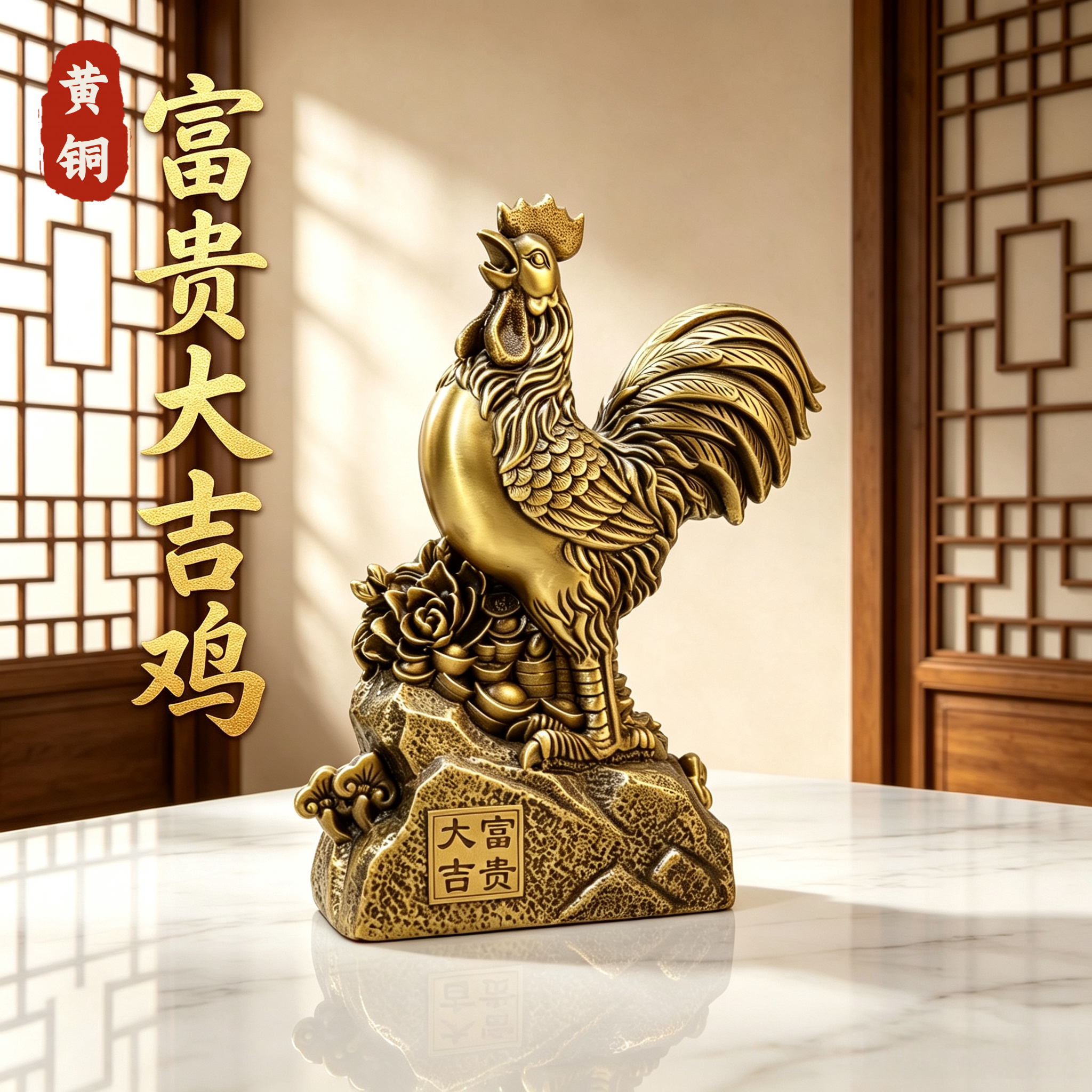黄铜公鸡摆件旺财聚宝盆客厅玄关