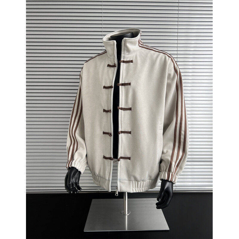 thumbnail for Blue New Chinese Style Button-Up Jacket for Men, Spring and Autumn Trendy Brand, High-End American Retro Three-Stripe Stand Collar Jacket