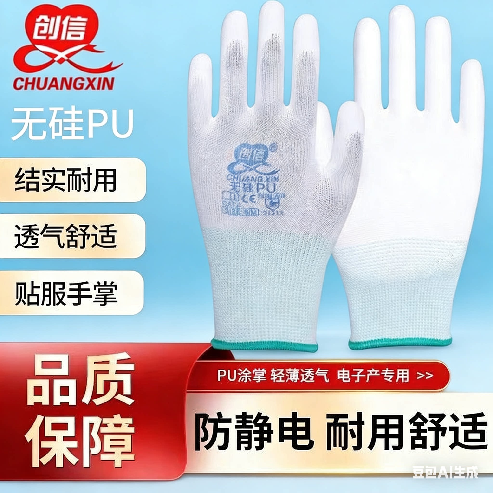 创信PU508无硅PU涂指防静电手套