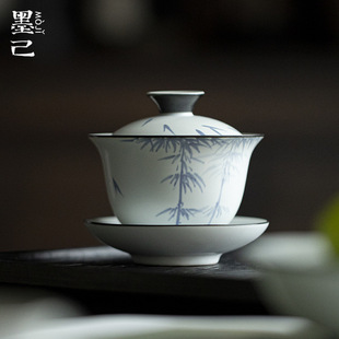 墨己 手绘竹子三才盖碗功夫茶具苏打灰釉仿古泡茶碗家用陶瓷盖碗