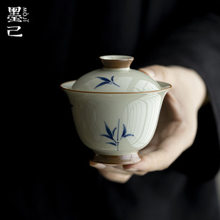 墨己手绘竹子陶瓷盖碗功夫茶具家用仿古泥高足小茶碗文人器盖碗