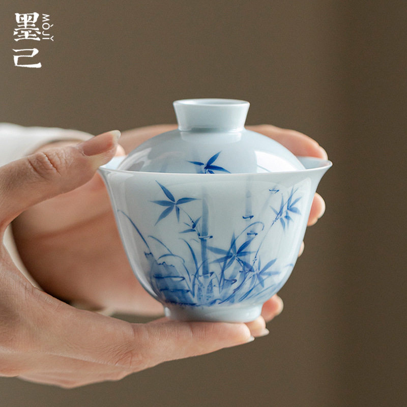 墨己晴山蓝手绘竹子陶瓷盖碗功夫茶具家用仿烫泡茶碗玉泥白瓷盖碗,餐饮具,盖碗,淘宝优惠券,粉丝福利购,淘宝优惠卷