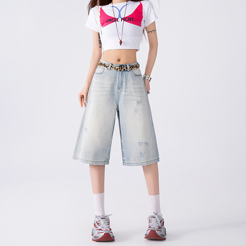 夏季浅色七分牛仔短裤女2025新款宽松显瘦阔腿裤薄款小个子7分裤
