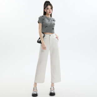 白色天丝牛仔裤女高腰宽松显瘦阔腿裤夏季薄款冰丝韩版直筒九分裤