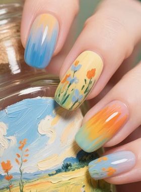 爆款穿戴甲中款热烈油画成品渐变晕染清新穿戴甲氛围感可拆卸甲片