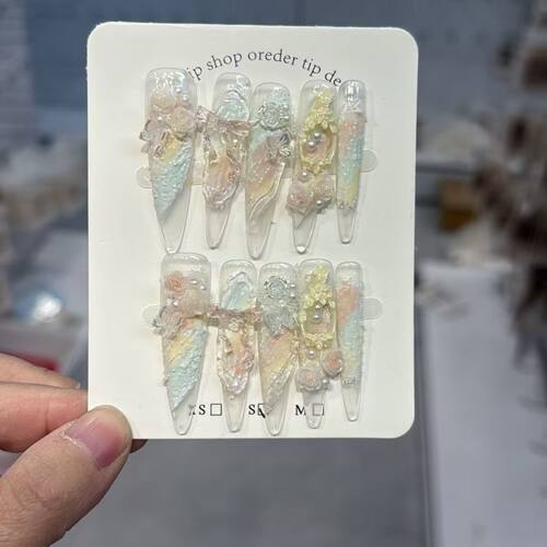 玫瑰花架晕染蝴蝶油画高级重工仙女款手工氛围感显白长4.5穿戴甲