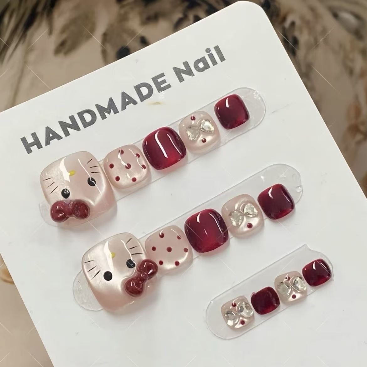新款红色KT手工纯手工可爱制作脚甲12美甲穿戴猫眼蝴蝶结波点