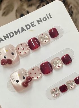 新款红色KT手工纯手工可爱制作脚甲12美甲穿戴猫眼蝴蝶结波点