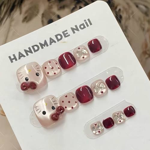 新款红色KT手工纯手工可爱制作脚甲12美甲穿戴猫眼蝴蝶结波点