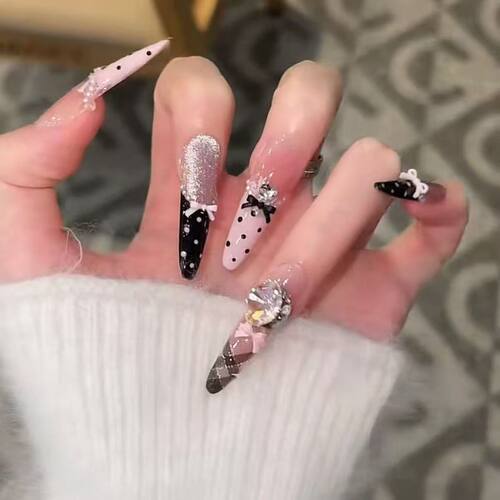 纯欲风手工穿戴甲蝴蝶波点格纹