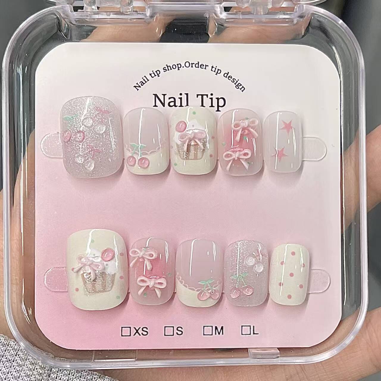 ins半手工美甲穿戴甲樱桃蝴蝶结