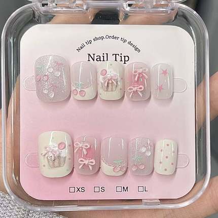 新款ins半手工美甲穿戴甲樱桃蝴蝶结宝贝可爱气质指甲显白贴短方