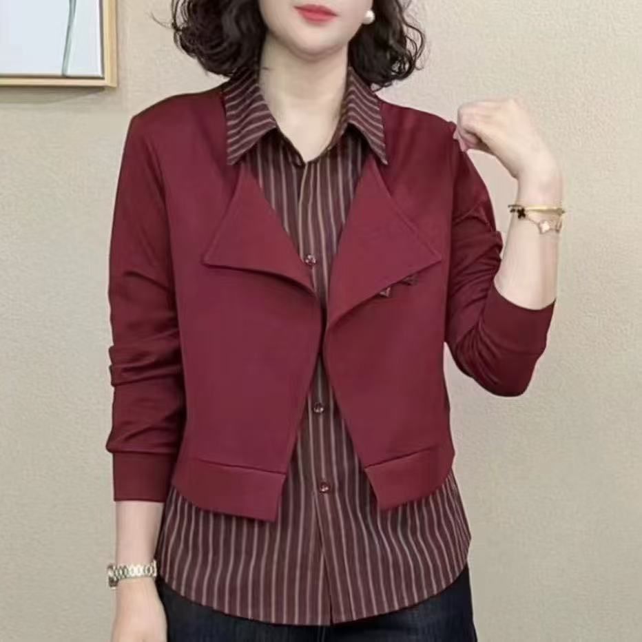 百搭法式假两件拼色翻领长袖小衫