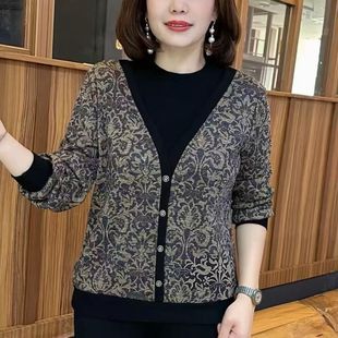 拼接复古印花长袖 时尚 中年妈妈装 新款 上衣 百搭圆领假两件秋冬季
