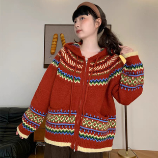 费尔岛风红色连帽拉链毛衣女宽松复古提花开衫 针织衫