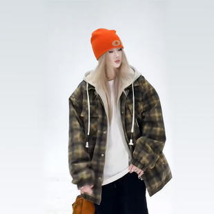 美式 宽松加绒加厚休闲外套 复古格子连帽外套男女情侣款