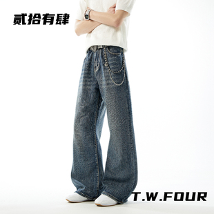 【T.W.贰拾有肆】美式复古做旧微喇牛仔裤男宽松阔腿长裤链条装饰