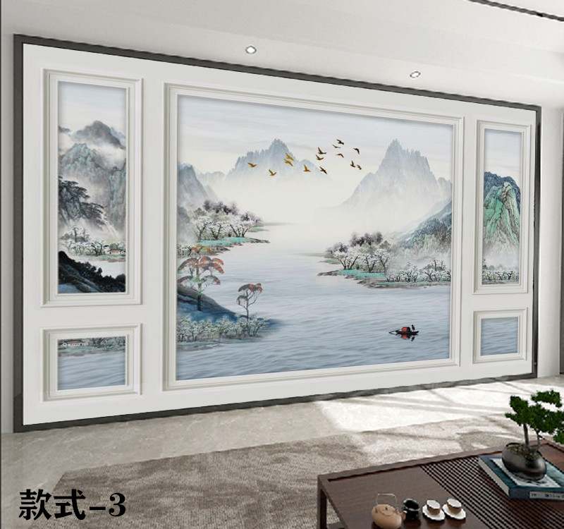 自带边框新中式电视背景墙壁纸客厅墙卧室装饰壁画8d山水无缝墙布