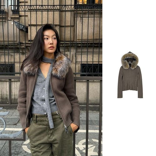 RA新品小众设计感连帽大毛领拉链