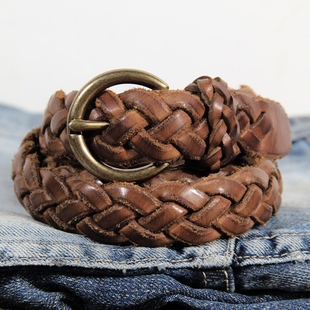 腰带软 牛仔裤 编织皮带女真皮 头层纯牛皮棕色潮手工复古百搭铜扣