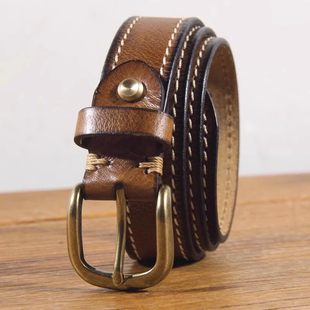 复古女士皮带真皮休闲百搭牛仔裤 腰带潮铜扣头层纯牛皮软粗线棕色