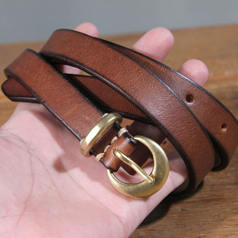 1.7cm皮带女真皮细 头层纯牛皮装饰打结铜扣手工复古窄牛仔裤腰带