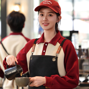 拼色卫衣秋装定制Polo领套头衫男女茶饮服务员外套快餐店工作服冬