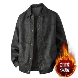 平铺 2025年秋装男士机车皮衣PU皮夹克外套 5818 加绒 P150 黑色图片